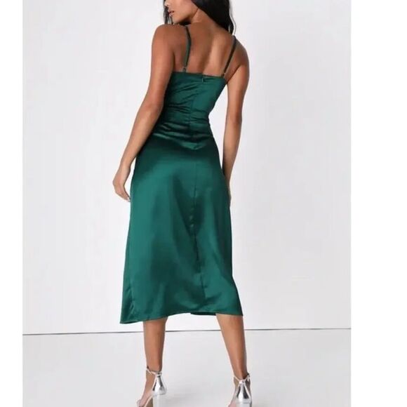 LULUS SIZE MED DOWN TO DANCE EMERALD GREEN SATIN GATHERED TULIP MIDI DRESS - Picture 2 of 14